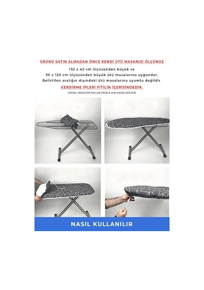 Ütü Masası Kılıfı Örtüsü Bezi, Gri Desenli Süngerli Ve Keçeli, Yanmaz, Ayarlanabilir 48x138 Cm