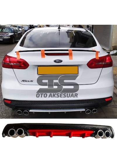 Ford Focus 3 Difüzör Arka Tampon Eki 4 Egzoz Çıkışlı Kırmızı Lüx Tip