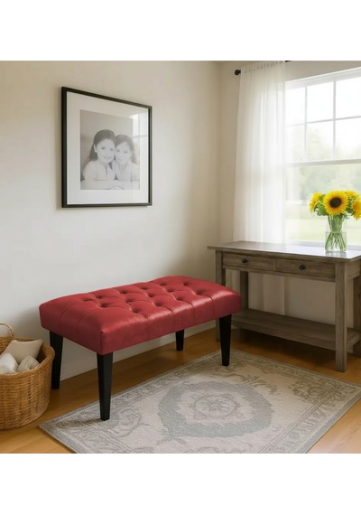Waterybrook Bench Bank Puf - Suni Deri - Siyah Ahşap Ayaklı - Retro Modern Tasarım & Dekoratif Sehpa Kırmızı