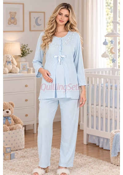 Quilling Lady Bebe Mavi Renkli, Dantel Detaylı 33209 Uzun Kol, 2 Parça Lohusa Hamile Pijama Takımı Açık Mavi M - L