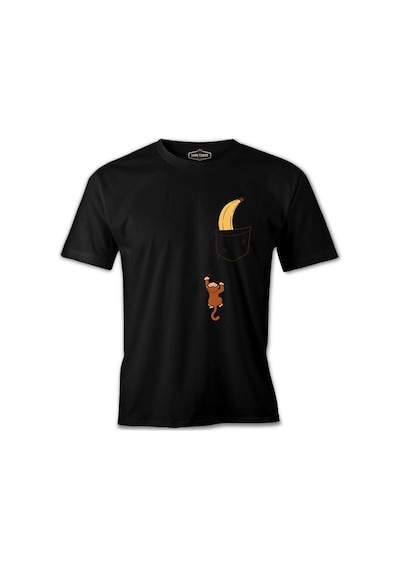 Monkey Climbing For Banana İn The Pocket Siyah Erkek Tshirt 001