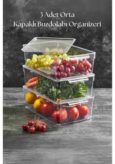3 Lü Kapaklı Buzdolabı Organizeri & Buzdolabı Düzenleyici 4,5 Lt Şeffaf