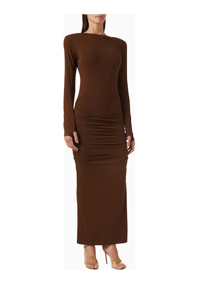 Rowen Rose Draped Slit Maxi Dress, Lüks Drapeli Ve Yırtmaçlı Uzun Elbise Abiye Kahverengi 34
