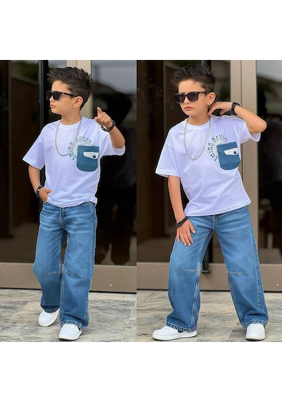 Erkek Çocuk Cep Detaylı Oversize Beyaz Tişört Jean Pantolon Kombin 2643-1m Mavi