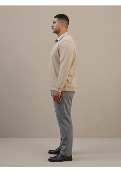 Maccali Erkek Bej Büyük Beden Polo Yaka Battal Sweatshirt