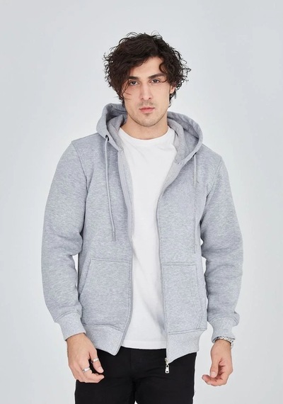 Luz&pos Erkek Tam Fermuarlı Kapşonlu Sweatshirt - Gri Gri