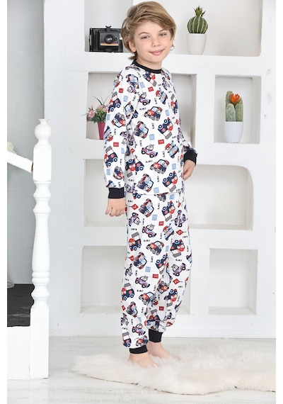 Modanino Erkek Çocuk Klasik Araba Baskılı Pijama Takımı 4-7 Yaş 12292 Beyaz