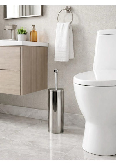 Paslanmaz Çelik Silindir Tuvalet Fırçası Kapalı Hazneli, Modern Wc Fırçası Seti Vıchy-7046 Gümüş