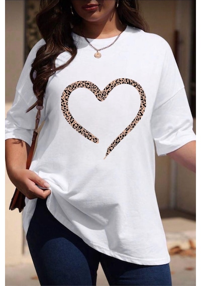 Love Kadın Büyük Beden Battal Baskılı Bisiklet Yaka Pamuklu T-shirt Rahat Kesim Unisex Sevgili Kombini Beyaz