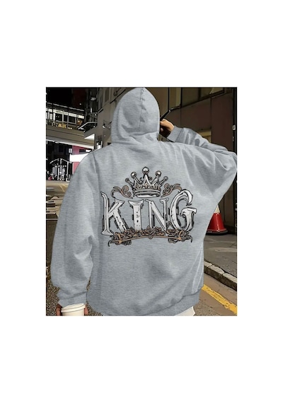 Herkesemoda Arka King Baskı Detaylı Kapüşonlu Sweatshırt Gri