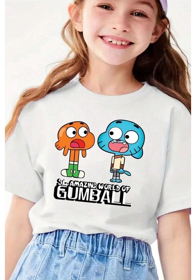 Uyguntarz Çocuk Gumball Baskılı Pamuklu Tshirt Beyaz