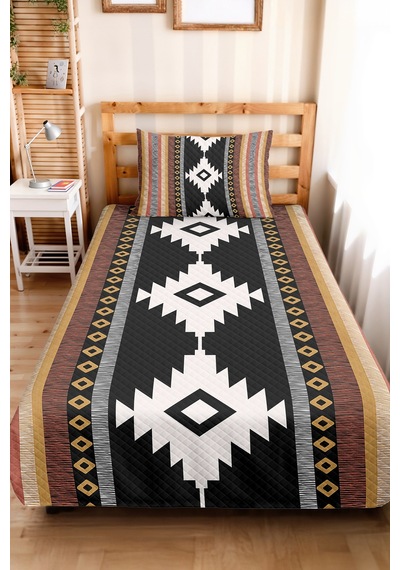 Etnik Geometrik Siyah Tek Kişilik Pike Takımı - Bohem Hardal Kiremit 160x220 Cm Yatak Örtüsü Kırık Amber Pususu