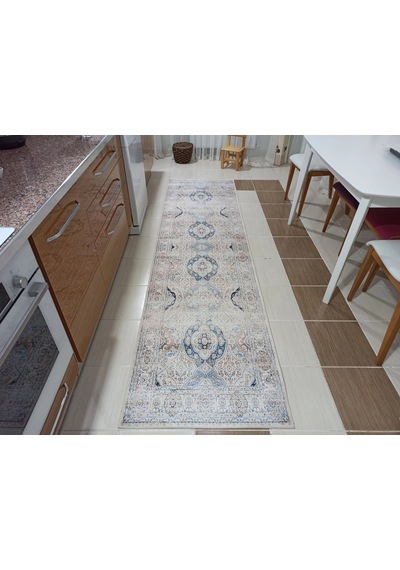Eskitme Madalyon Desenli Krem Ve Mavi Vintage Salon Halısı - 11643ou Krem - Mavi