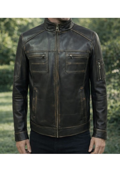 Viamod Leather Erkek Siyah Hakim Yaka Deri Mont %100 Saf Deri Eskitme Görünümlü Fermuarlı Kışlık Ceket Petro Eskitme Siyah
