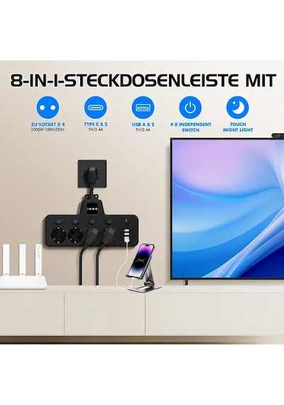 Termal Akım Korumalı 4 Lü Duvar Tipi Priz 2x Usb 2x Type-c Çıkışlı Grup Priz Çoğaltıcı Siyah 2500w