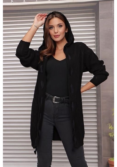 Aqe Fashion Kapüşonlu Kabartma Desenli Şerit Garnili Siyah Hırka Siyah