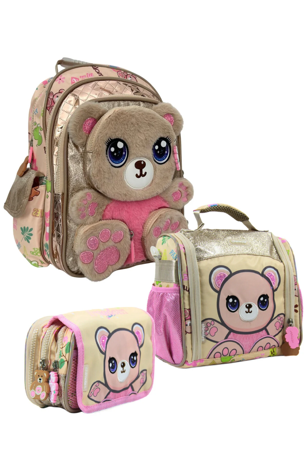Chimola Honey Paws Ayıcıklı 3'lü Okul Çantası Seti Ara Boy İthal Açık Kahve