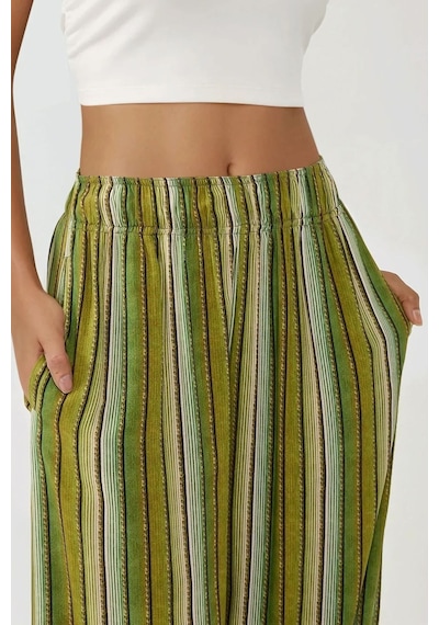 Hiccup Wide Leg Çizgi Desenli Rahat Kesim Pantolon Yeşil