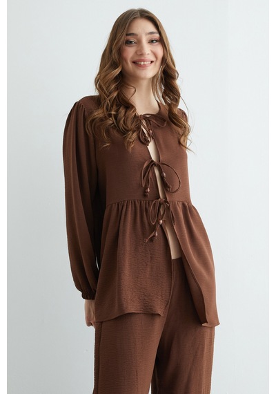 Fullamoda Fullamodest Önü Bağlamalı Ayrobin Kimono 2 Li Takım Kahve