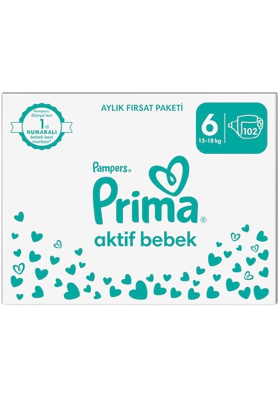 Prima Aktif Bebek 6 Beden Ekstra Large Bebek Bezi Aylık Fırsat Paketi 102 Adet
