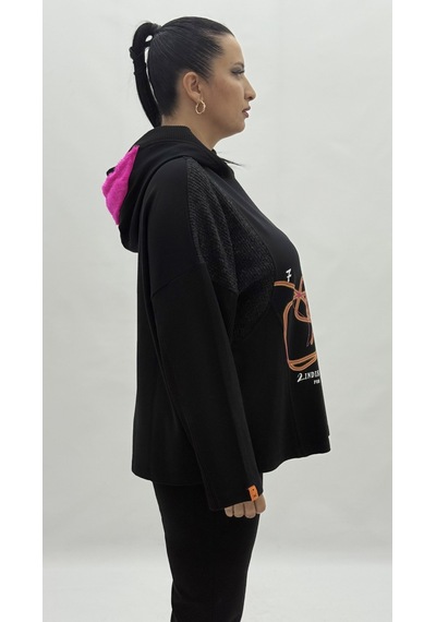 Büyük Beden Kapüşonlu Taşlı Uzun Kol Oversize Kadın Sweatshirt Siyah
