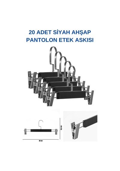 A Kalite 20 Adet Lamine Siyah Ahşap Mandallı Pantolon Askısı Etek Siyah