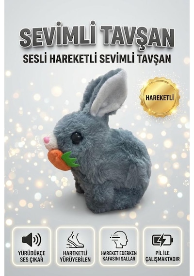 Sevimli Arkadaşım Tavşan: Sesli Yürüyen Hareketli Havuç Detaylı Eğitici Oyuncak Peluş Gri