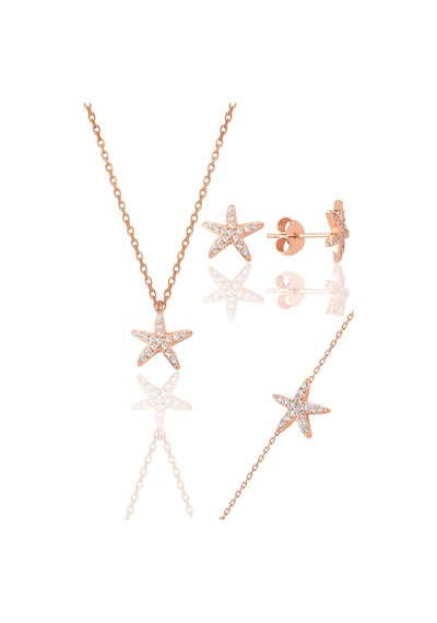 Gümüş Rose Zirkon Taşlı Deniz Yıldızı Üçlü Set
