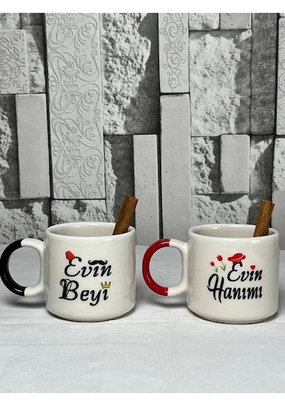 Seradag Çiftler İçin , Evin Hanımı Evin Beyi Seramik 2'li El Yapımı Çay Kave Kupa Bardak