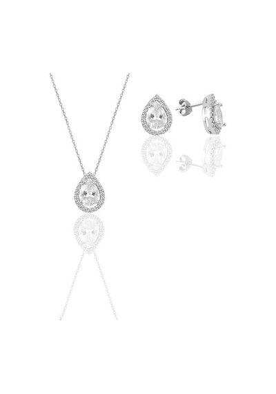 Gümüş Beyaz Altın Rodyumlu Zirkon Taşlı Damla Modeli Ikili Set