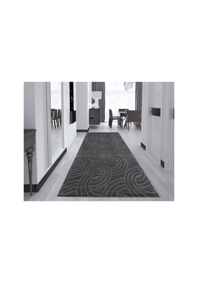 Plato Halı Opqo Oymalı Premium Oturma Odası, Salon, Antre, Yıkanabilir Polyester Kaymaz Taban Antrasit Halı