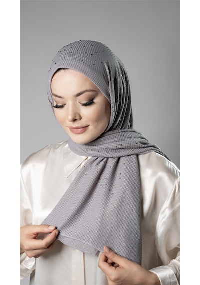 Hürrem Bone Gri Pratik Hazır Geçmeli Tesettür Şal Örme Kumaş Taş Desenli 2118t 15