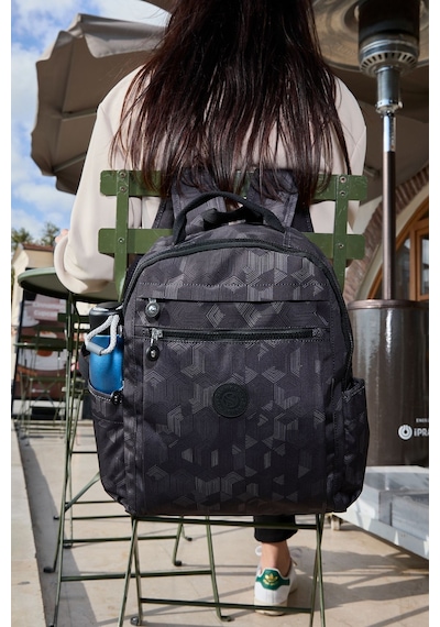 Sanmorris Unisex Suya Dayanıklı Krinkıl Kumaş Çok Gözlü Siyah Desenli Laptop Okul Ve Sırt Çantası Siyah