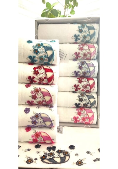 6.lı Set Annem 50x90 Cm. Özel Tafting Nakışlı Kadife Doku Çeyizlik Lüks Havlu Seti Beyaz Beyazşemsiye Beyaz