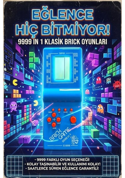 Pilli Sesli 9 Butonlu 9999 İn 1 Renkli Nostaljik Tetris Eğitici Ve Eğlenceli Oyuncak El Konsolu Mavi