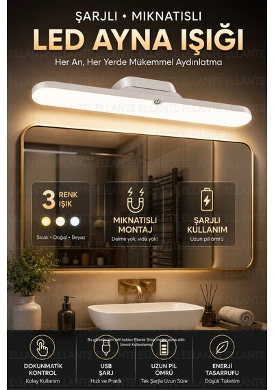 Şarjlı Mıknatıslı Led Ayna Işığı 30 Cm 3 Renk Işık Modu, Dokunmatik Kontrol, Usb Type-c Şarjlı Ban