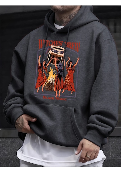 Tarzsokak Cadılar Brew Black Magic Baskılı Erkek Kazak Rahat Kazak Gevşek Trendy Tüm Maç Hoody Unisex S Antrasit