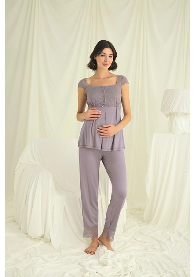 L'ombre Dantelli Önü Düğmeli Hamile Lohusa 3lü Pijama Takımı