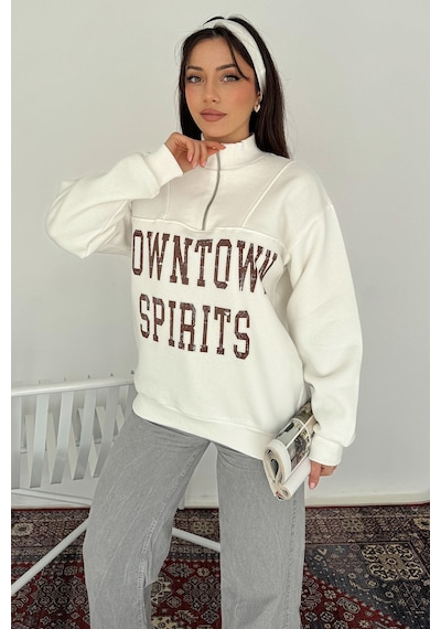 Noa & Noa Kadın Fermuarlı Baskılı Sweatshirt Downtown Energy Beyaz