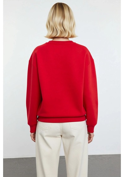 Benerly Kadın Bisiklet Yaka Düşük Kol Regular Kalıp Örme Sweatshirt Fonks Kırmızı