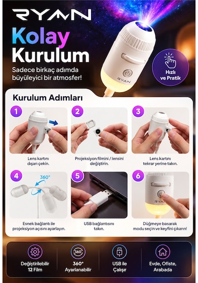 Usb Galaksi Projektör Led Gece Lambası 360 Ayarlanabilir 12 Filmli 2 Si 1 Arada Ambiyans Işık Beyaz
