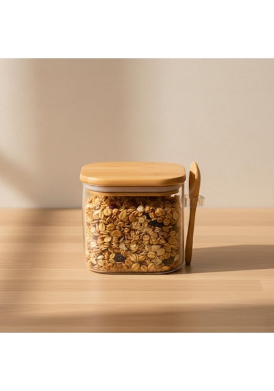 600 Ml Bambu Kapaklı Ve Kaşıklı Kare Cam Kavanoz, Vakumlu Ahşap Kapaklı Baharatlık, Kendinden K Şeffaf