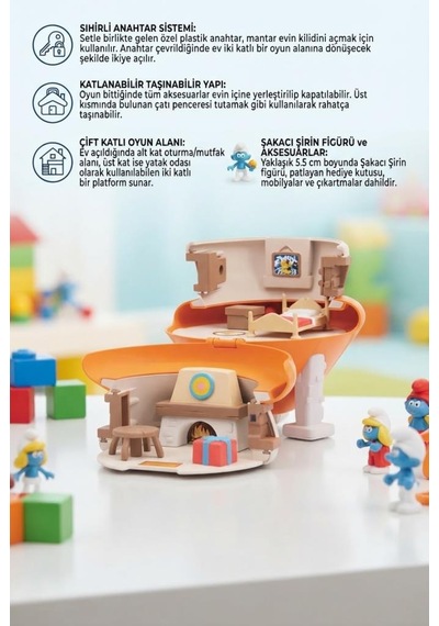 Gioc-hi Prezio-si Şirirnler Şakacı'nın Mantar Evi Anahtarlı Taşınabilir İki Katlı 19 Cm Oyuncak Set Şirinler