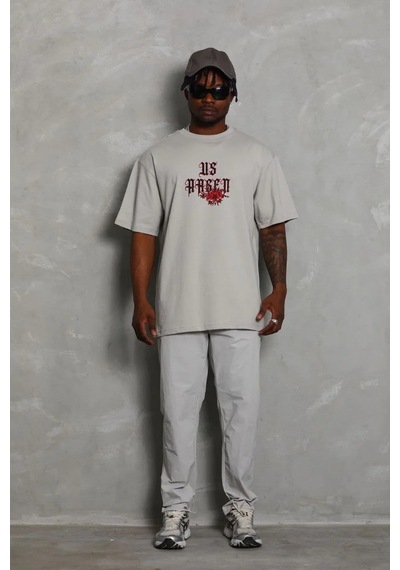 Erkek Kısa Kol Yazlık Tişört Bisiklet Yaka Baskılı Oversize T-shirt - Gri Gri