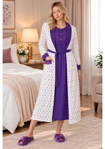 Mecit Pijama Mecit 6415 Mor Kadın Büyük Beden Sabahlık Pijama Gecelik Set