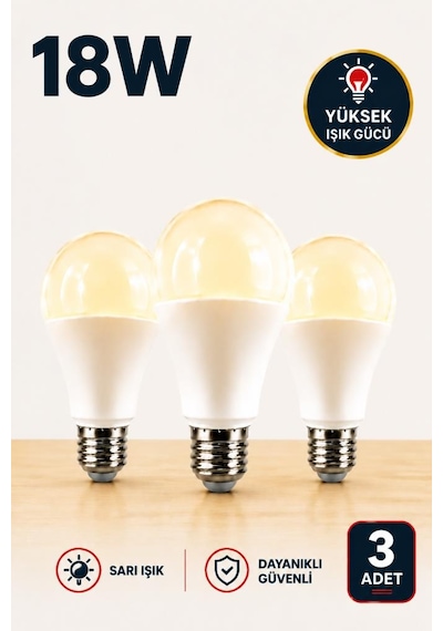Şahnet 18w E27 Led Ampul 3000k Sarı Işık 3 Adet Yüksek Aydınlatma Led Lamba