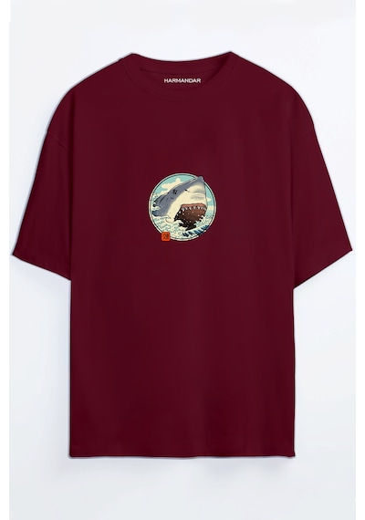 Anime Köpek Balığı Baskılı Oversize T-shirt Bordo