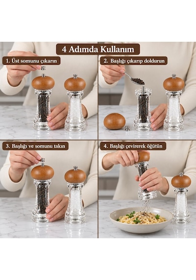 2 Adet Bambu Kapaklı Akrilik El Değirmeni 2 Li Set, 18 Cm, Aşınmaya Dayanıklı Porselen Öğütücü, Manuel Tuz Ve Karabiber Değirmeni, Şeffaf Doldurulabilir Hazne Çok Renkli