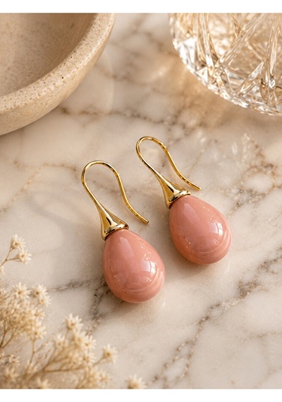 Pudra Pembe Damla Küpe Gold Detaylı Şık Kadın Küpe