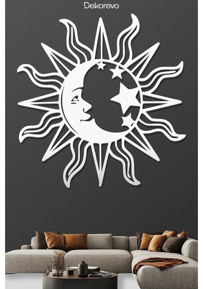 Mistik Kozmos Güneş Ve Ay Metal Duvar Dekoru - Metal Duvar Sanatı - Beyaz - 75 X 75 Cm